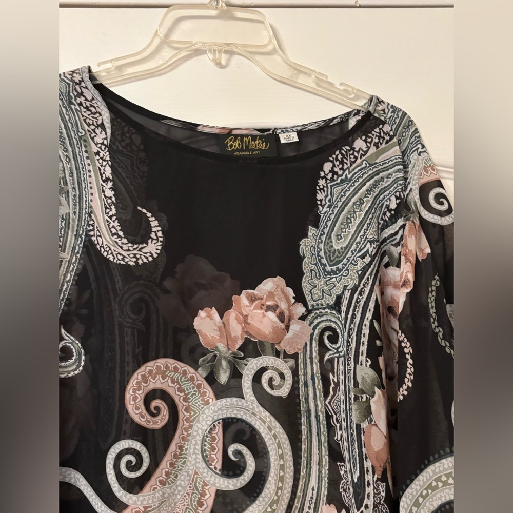 Bob Mackie 3X Black Sheer Rose Paisley Poncho Kimono topper pink floral flutter - Picture 10 of 14